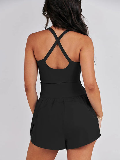 Elegant High-Waisted Romper for Women – Sophisticated Summer Outfit with Spliced Design