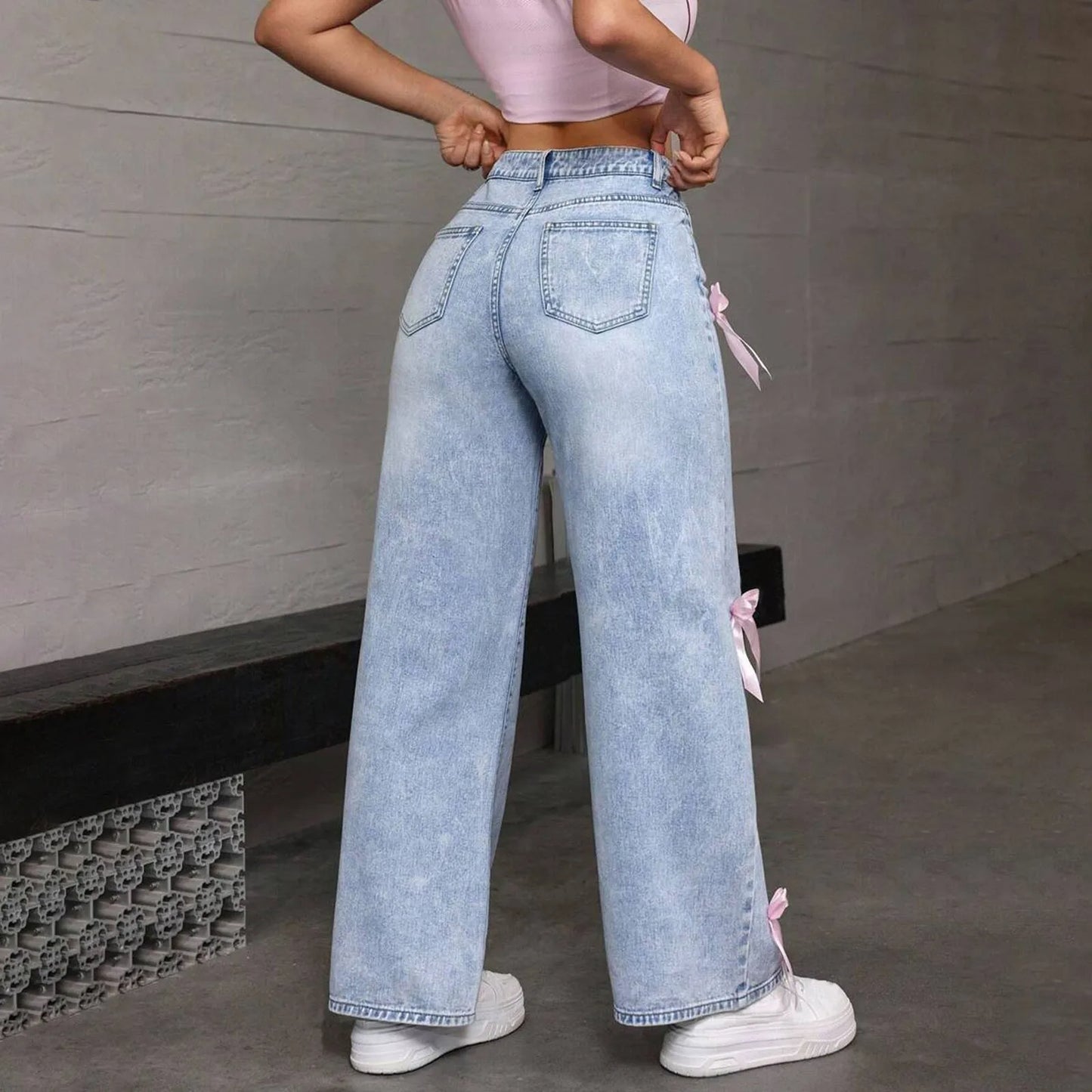 Jeans For Women High Quality High Waist American Wide Leg Pants Bow Embroidery Y2k Vintage Straight Summer Trousers New