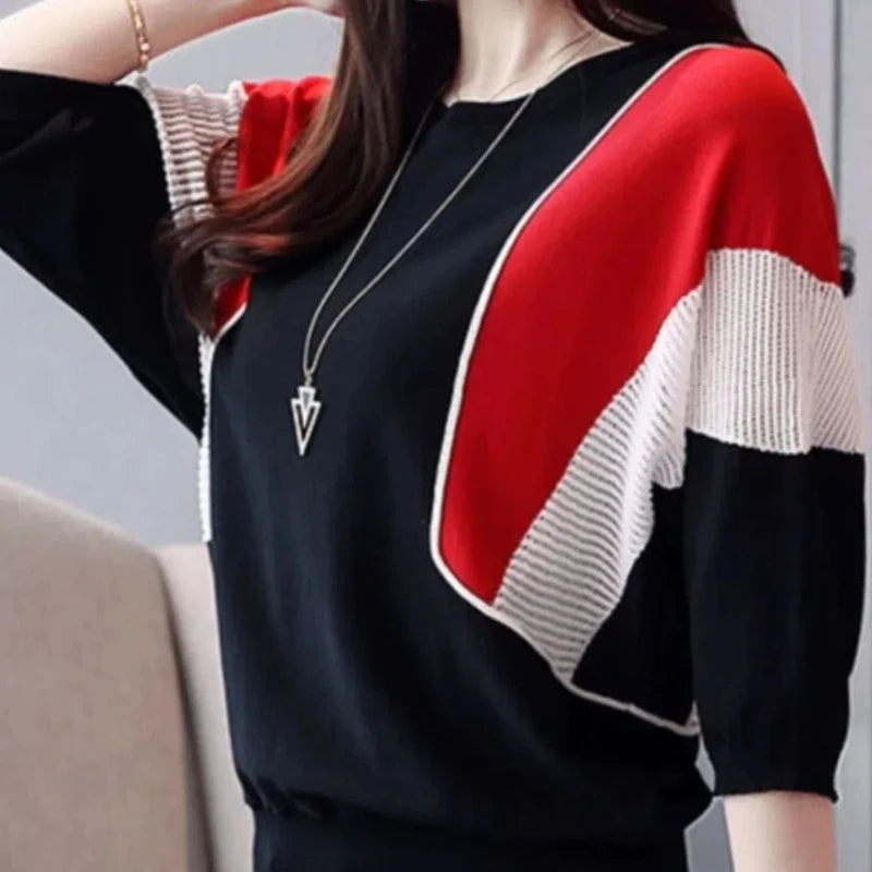 Elegant Contrast Color Patchwork Sweater – Office Lady Style, O-Neck 3/4 Sleeve Knitted Pullover for Women