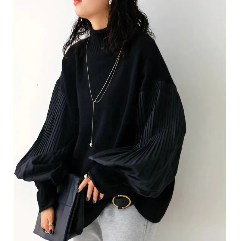 Pleated Turtleneck Lantern Sleeve Spliced Knit Sweaters