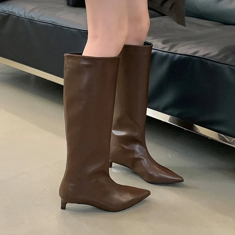 Brown Knee-High Western Boots – Women's 2025 Fashion Low Heel Pointed Toe Luxury Boots