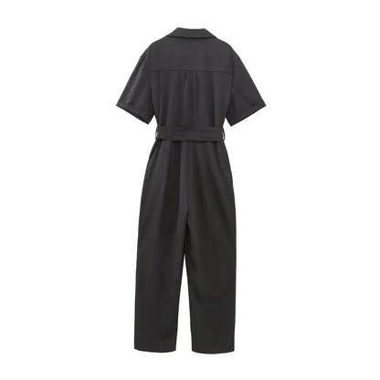 2025 Women’s Fashion Belted Zipper Jumpsuit – Retro Lapel, Short-Sleeve Pocket Chic Jumpsuit for Women