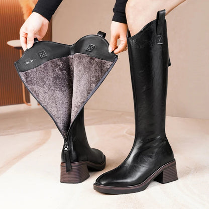 Women’s Long Leather Winter Boots – Wool Lined Mid-Calf Cowboy Style with Square Heel