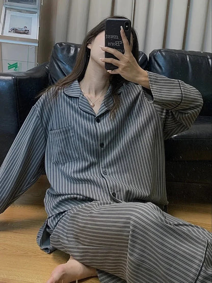 Women's Striped Pajama Set – Korean Spring Long Sleeve Sleepwear, Simple & Loose Homewear Suit 2025