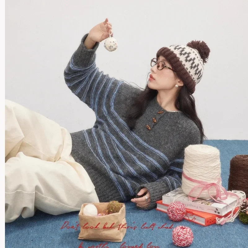 Women’s Striped Knit Pullover – Classic O-Neck Autumn Sweater