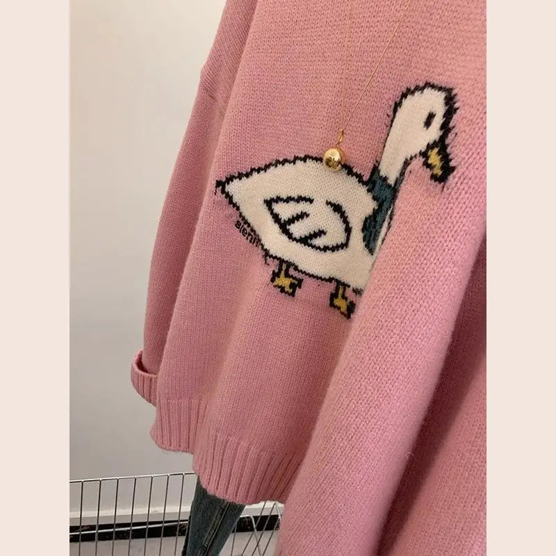 Cute Cartoon Embroidered Sweater – Trendy Pink Knit Pullover, Casual Loose Fit Long Sleeve Jumper for Women