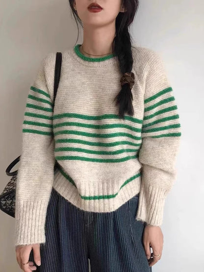 Women’s Retro Striped Knit Pullover – Casual Korean O-Neck Sweater