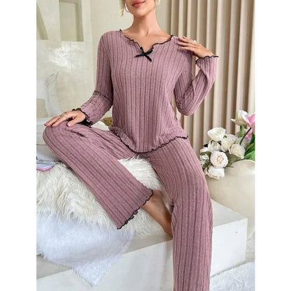 Women's Ribbed Pajama Set – Long Sleeve Top & Pants, Cozy Autumn Winter Loungewear & Sleepwear