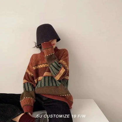 Vintage Turtleneck Sweater – Loose Geometric Pullover for Women 2026