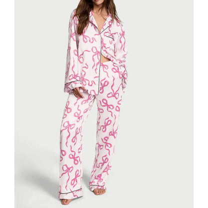 Women's Satin Pajama Set – 2-Piece Star Print Loungewear with Lapel Shirt & Elastic Waist Pants