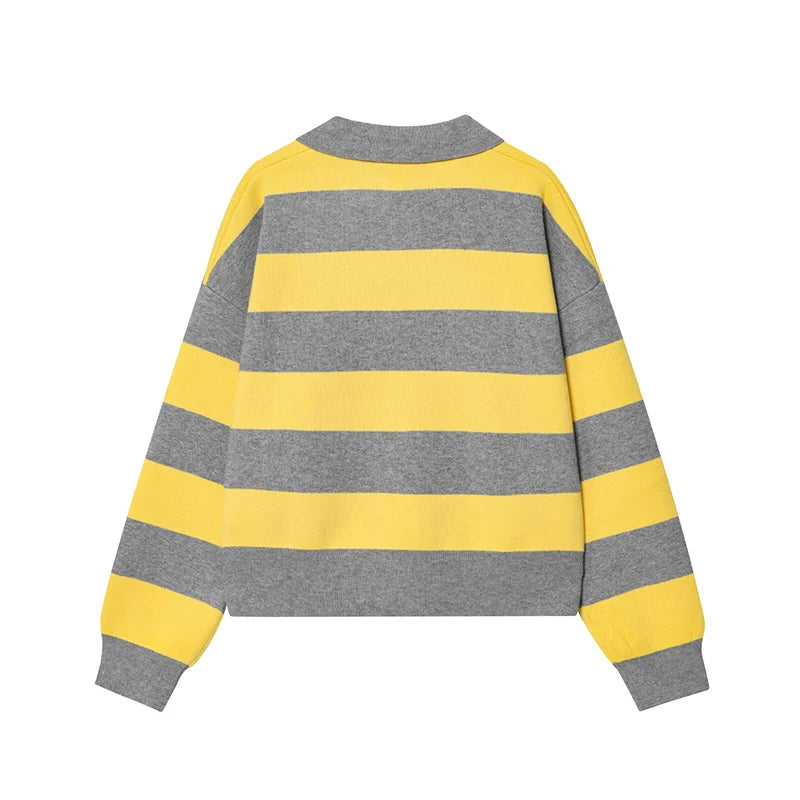 2026 Striped Knit Polo Sweater – Women’s Loose Pullover