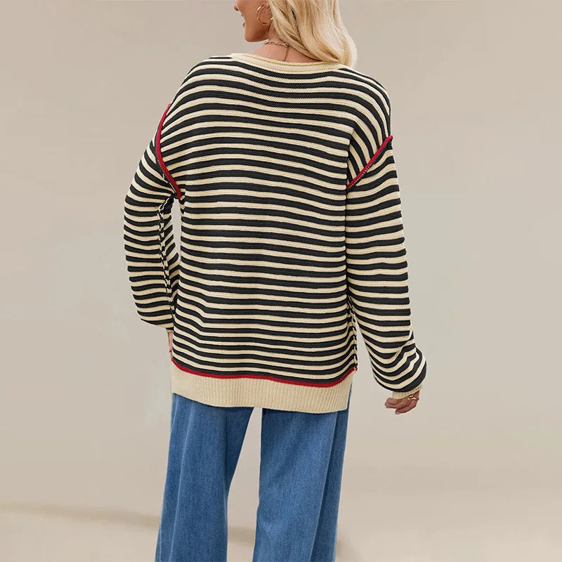 Women’s Striped Knit Pullover – Autumn Winter Round Neck Sweater