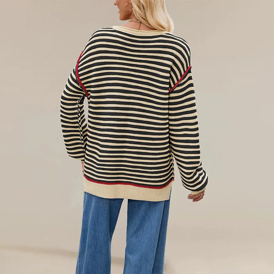 Women’s Striped Knit Pullover – Autumn Winter Round Neck Sweater
