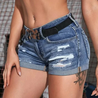 Women's Mid-Rise Distressed Denim Shorts Summer Beach Fashion Curled Cuff Perforated Design Elastic Slim Fit Casual Shorts