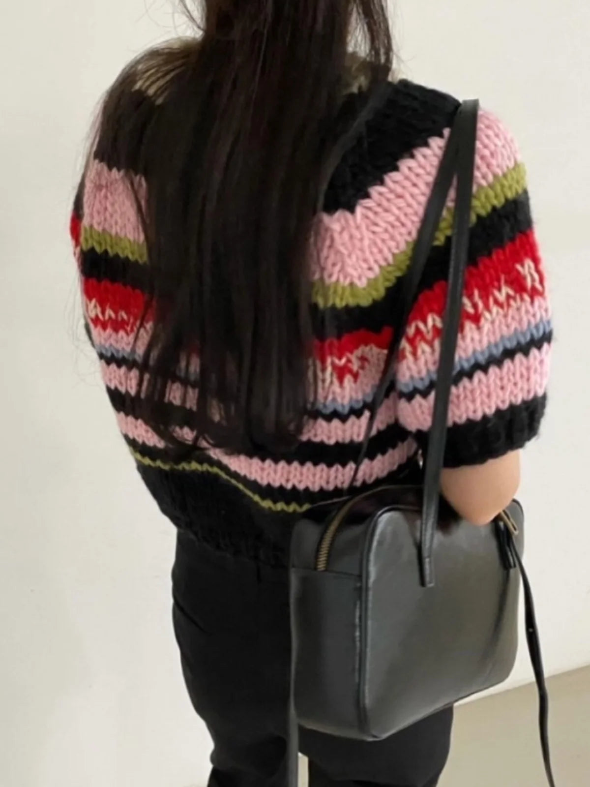 Women’s Rainbow Striped Knit Sweater – Slim Fit Short Sleeve Top