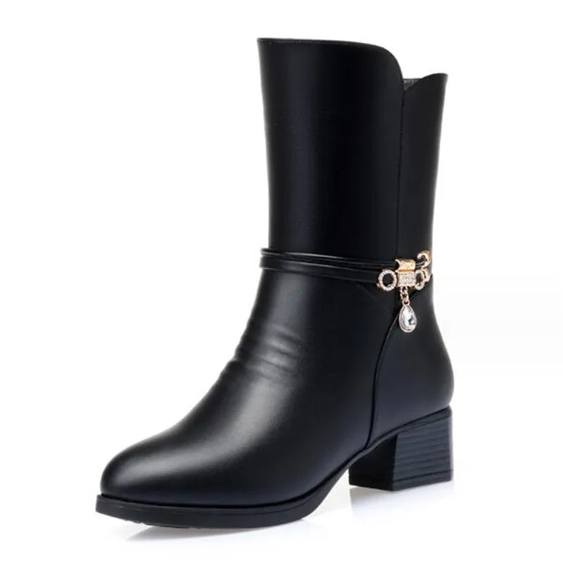 Solid Black Snow Boots for Women | Warm Ankle Winter Boots with Furry Lining & Metal Accents