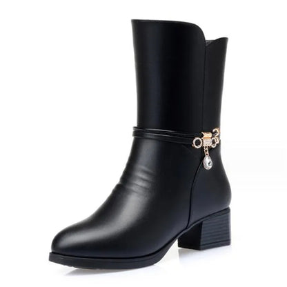 Solid Black Snow Boots for Women | Warm Ankle Winter Boots with Furry Lining & Metal Accents