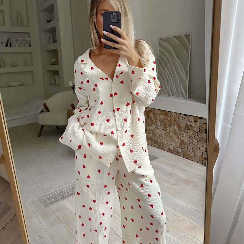 Women's Cotton Pajama Set – Summer Heart Print 2-Piece Sleepwear, Long Sleeve Button-Down Lapel Nightwear