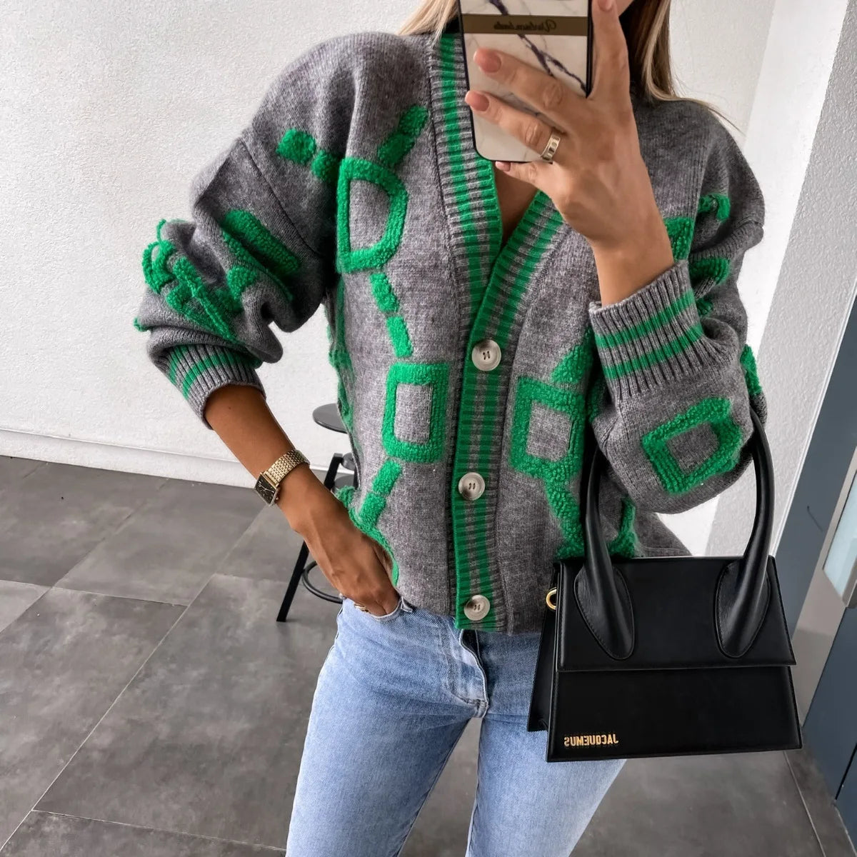 Autumn Fashion Womens Jacquard Weave Knitted Cardigan