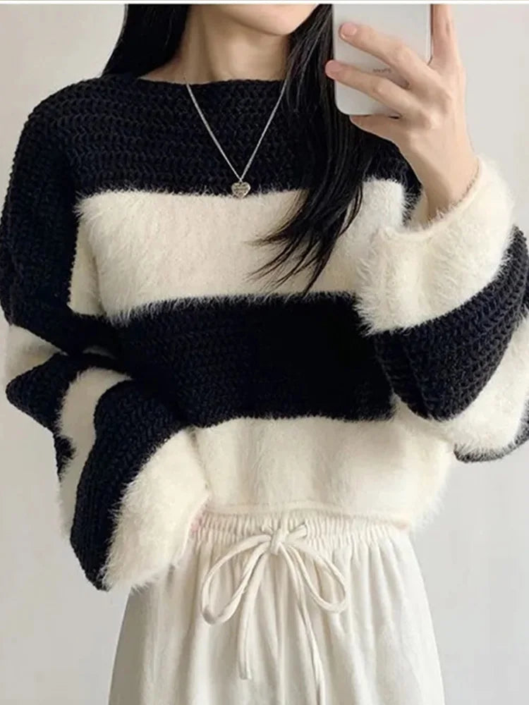Women’s Striped Lantern Sleeve Pullover Sweater – Casual Winter Knit