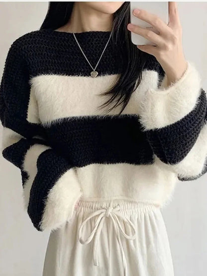 Women’s Striped Lantern Sleeve Pullover Sweater – Casual Winter Knit