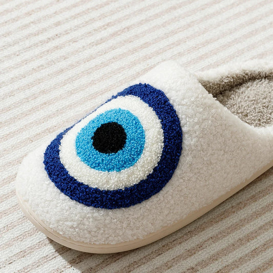 Women’s Evil Eyes Winter Slippers – Cozy Cotton Pull-On Indoor Shoes