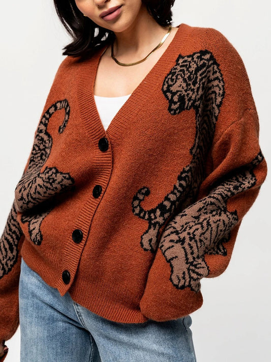 Women's Tiger Print Button-Up Sweater