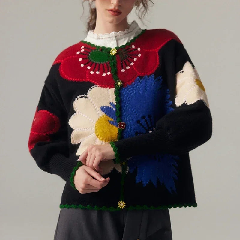 Vintage Floral Knit Cardigan – O-Neck Acrylic Sweater