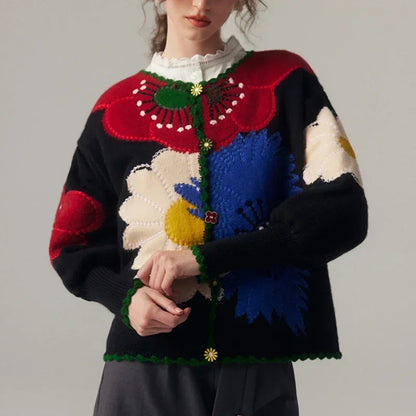 Vintage Floral Knit Cardigan – O-Neck Acrylic Sweater