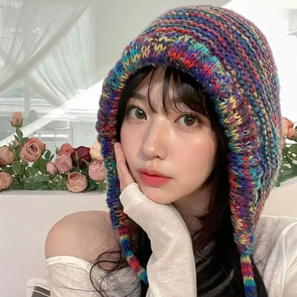 Women's Thick Knit Winter Hat – Cozy Stylish Rainbow Lace-Up Dome Cap, Windproof & Foldable