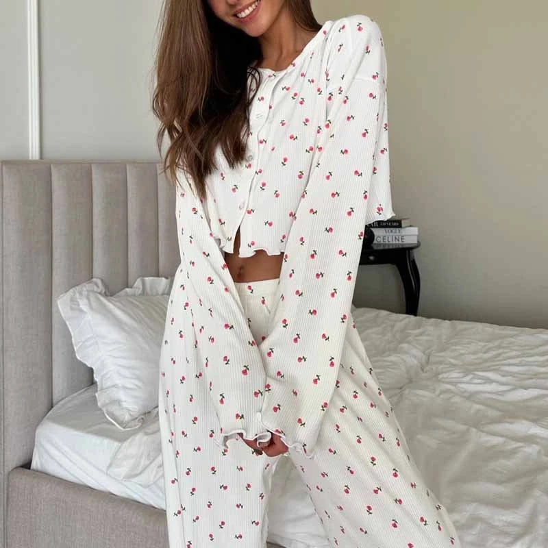 Casual Loose Long Sleeve Cardigan Short Pajamas 3 Piece Sets