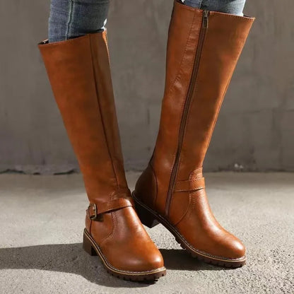 Women’s Over-the-Knee Riding Boots – PU Leather with Buckle Detail & Chunky Square Heel