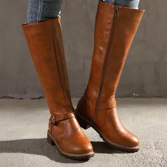 Women’s Over-the-Knee Riding Boots – PU Leather with Buckle Detail & Chunky Square Heel