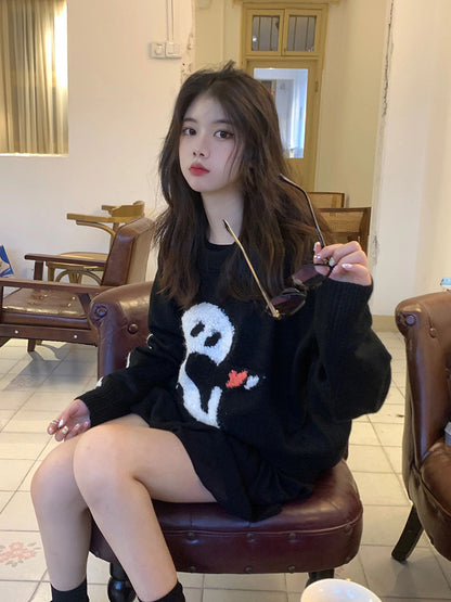 Loose Round Neck Pullover Sweet Wool Sweater – Elegant Black