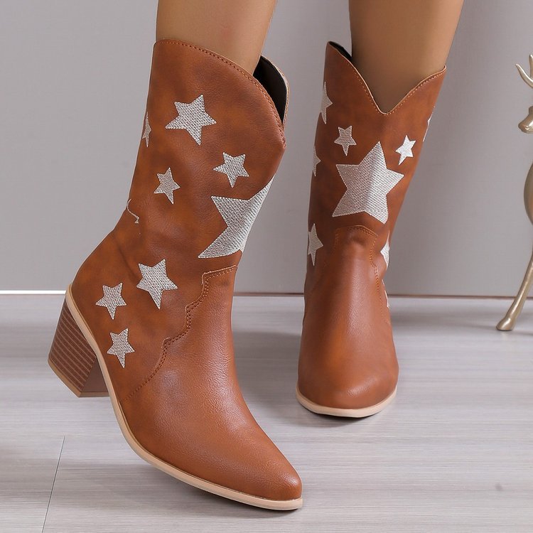 Embroidered Leather Knight Boots for Women | Chunky Heel Western Cowgirl Boots