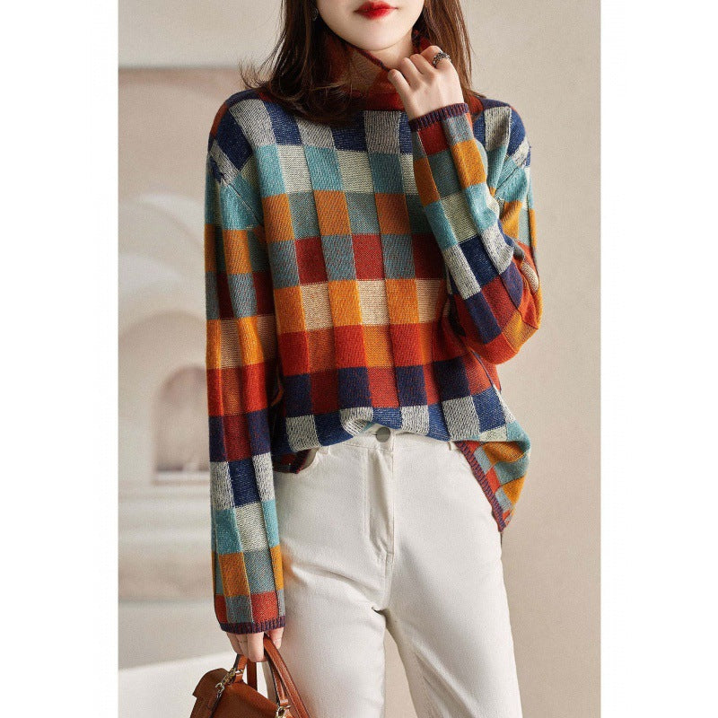 Womens Thick Plaid Turtleneck Sweaters