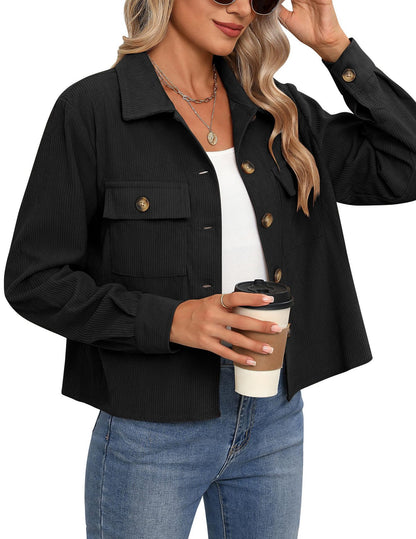 Women’s Corduroy Button Cropped Jacket – Long Sleeve Polyester Coats & Jackets 2025