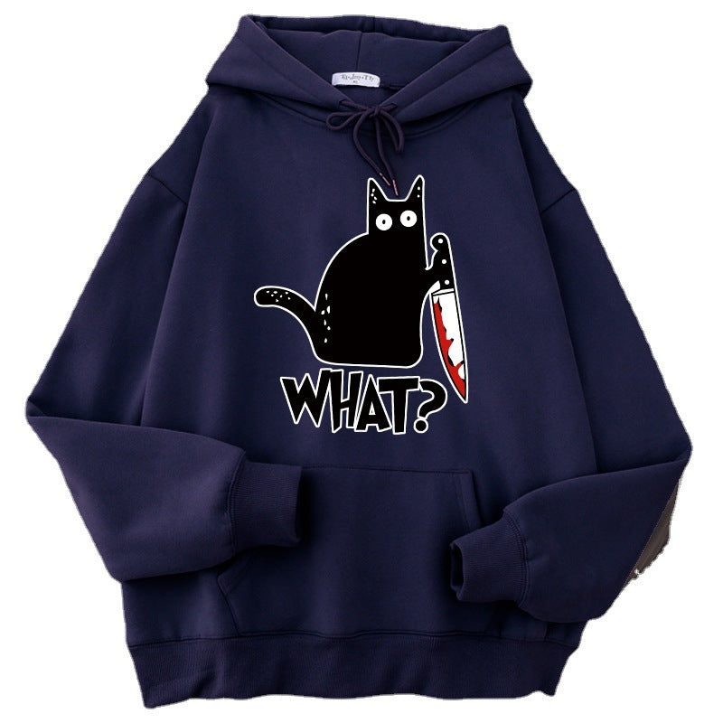 Cozy Style for Teens Killer Black Cat Patterned Wool-Lined Hoodies
