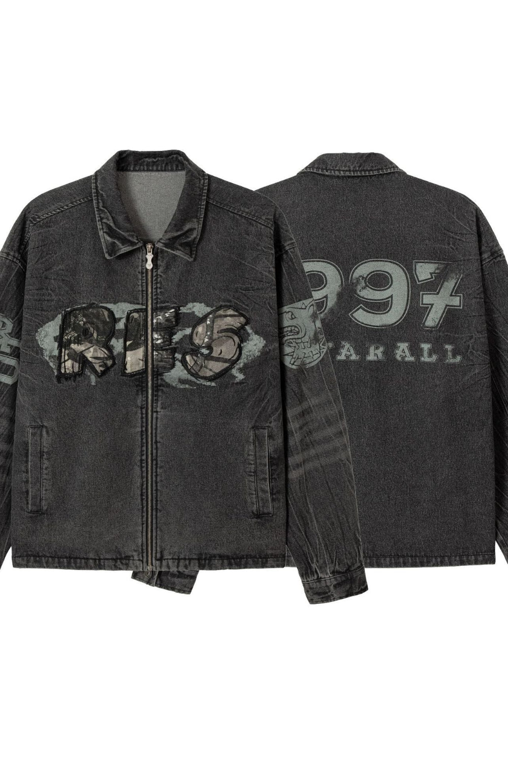 Black denim jacket with branding on a white background