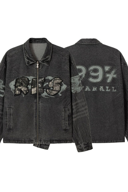 Black denim jacket with branding on a white background