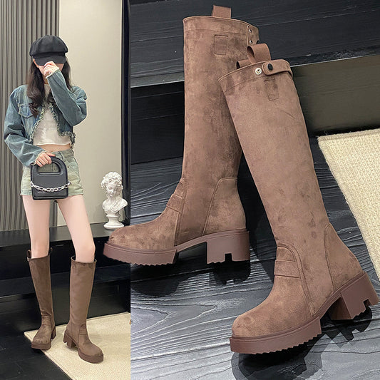 High-Cylindrical Suede Boots for Women | Rivet Accent Mid-Calf Winter Footwear