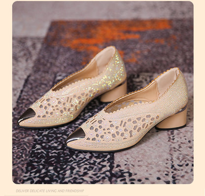 Hollow Mesh Hot Drilling Pumps | Rhinestone Pointed-Toe Sandals for Women