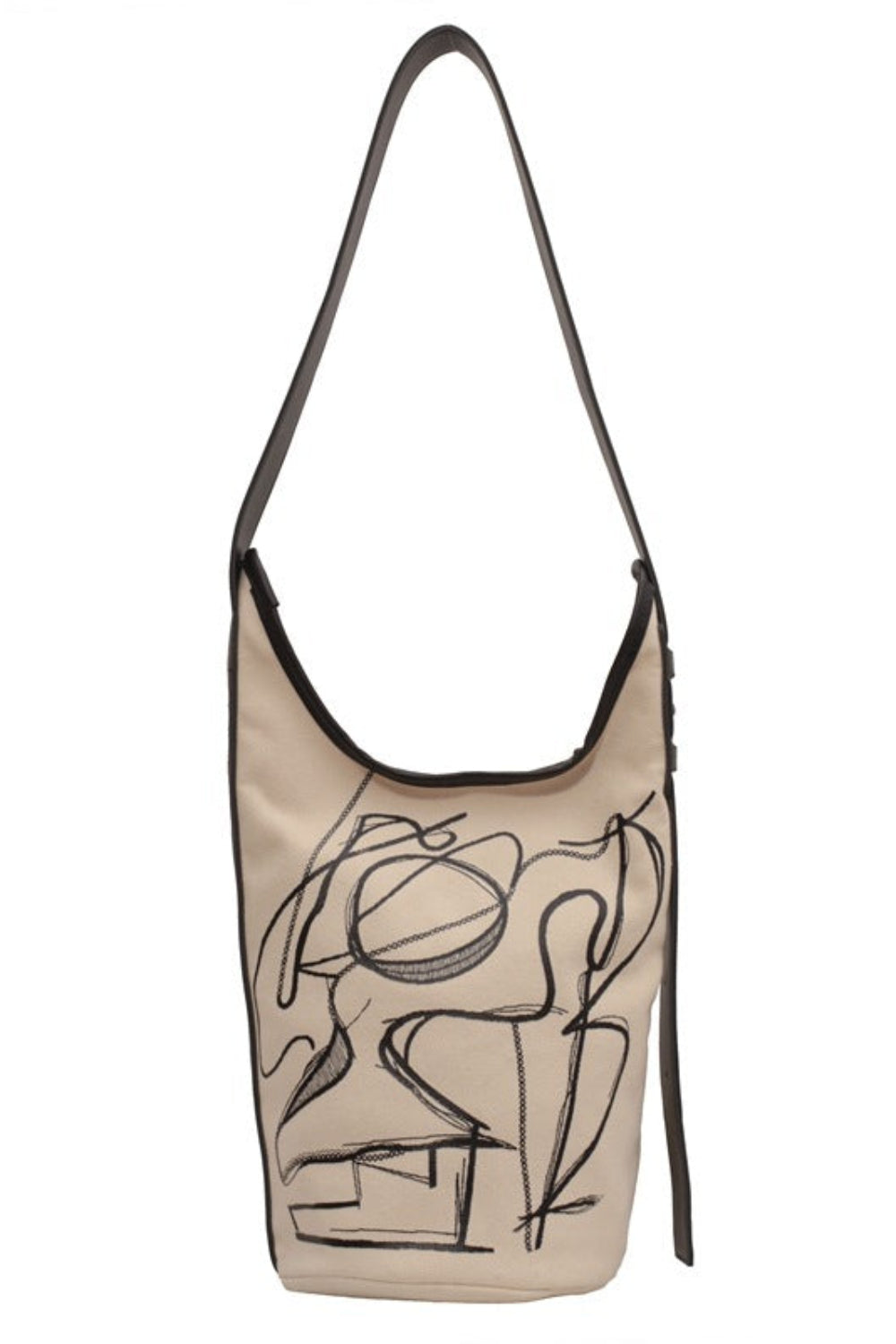 Beige shoulder bag with black abstract design on a white background