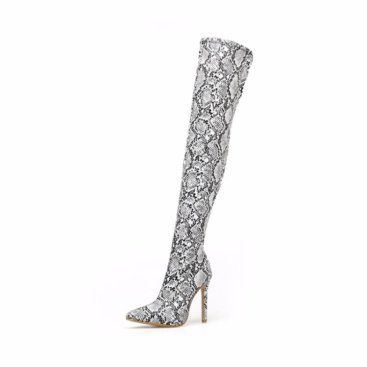 2025 Fashion Over The Knee Boots For Women Sexy Snake Pattern Leather Boots With Square Head Pleated High Heels