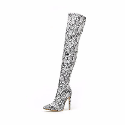 2025 Fashion Over The Knee Boots For Women Sexy Snake Pattern Leather Boots With Square Head Pleated High Heels