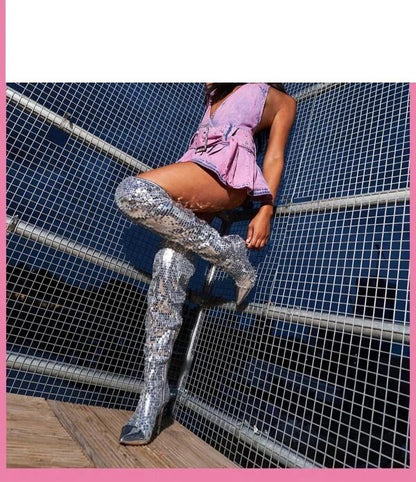 Fashionable Sequin Over-the-Knee Boots for Women | PU Party & Night Out Glam Boots