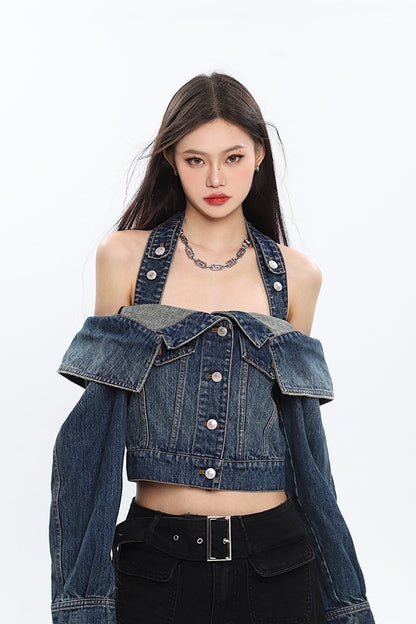 Open Shoulder Irregular Style Crop Denim Coat For Women