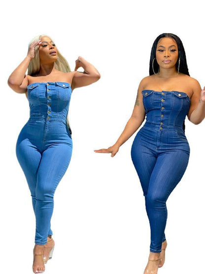 Off Shoulder Denim Jumpsuit Sleeveless Backless Summer Fashion With Belt