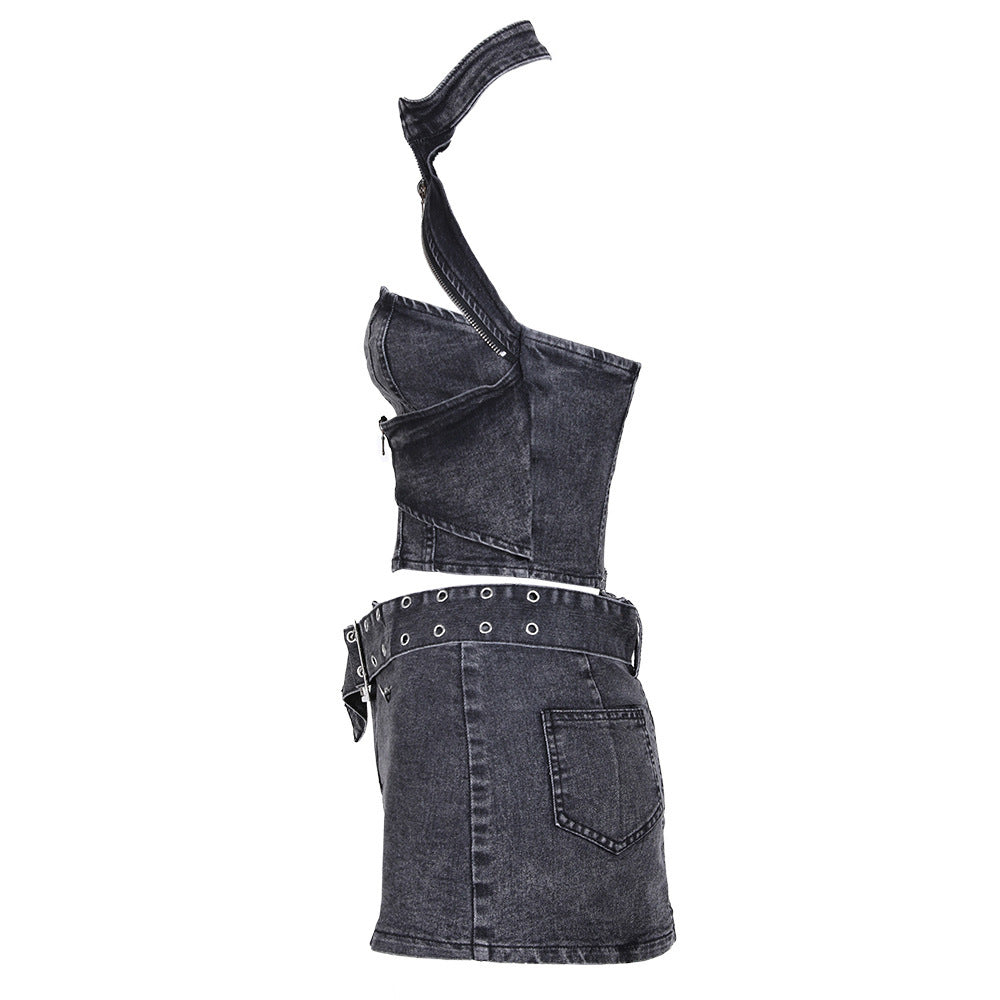 Backless Denim Two-Piece Outfit Set | Edgy Style 2025 Aesthetic