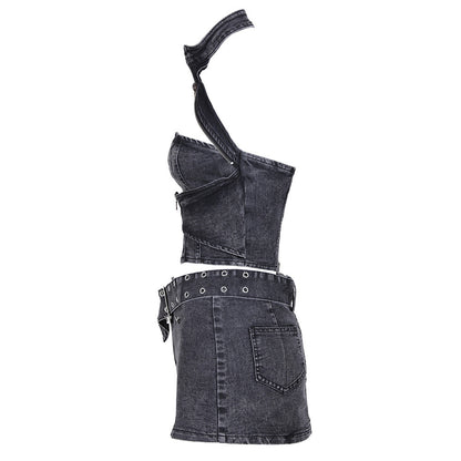Backless Denim Two-Piece Outfit Set | Edgy Style 2025 Aesthetic